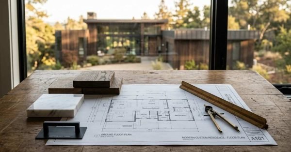Architectural floor plan on a wooden desk with material swatches and drafting tools, overlooking a modern wooden home out the window