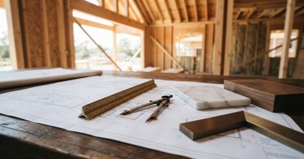Architectural house plans laid out on a dark wooden table with drafting tools, marble slab, wood block, and metal frame sample inside a timber-framed house under construction