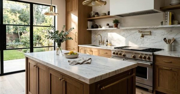 Modern kitchen featuring white marble island and countertops, natural oak cabinetry, brass brass hardware, and a stainless steel range stove