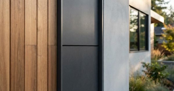 Close-up of modern home exterior cladding featuring natural vertical wood slats, dark charcoal metal panels, and smooth light grey stucco