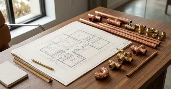 Architectural floor plan blueprint on a wooden desk surrounded by copper pipes, brass plumbing fittings, valves, and a scale ruler