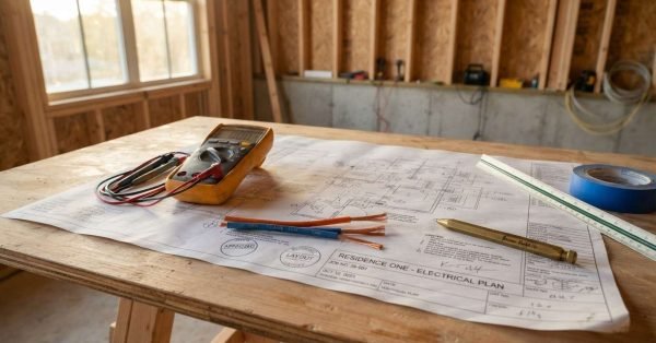 Electrical blueprint titled "Residence One - Electrical Plan" set on a plywood workbench with a digital multimeter, stripped copper wire leads, scale ruler, and painter's tape