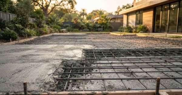 A reinforced concrete slab foundation during a pour, showing tied steel rebar grid and freshly finished concrete in a residential backyard construction site