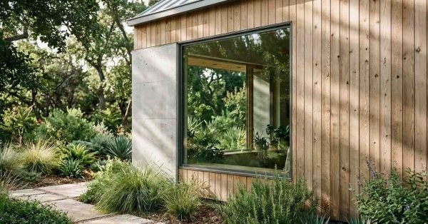 Exterior view of a modern house featuring vertical natural wood siding, concrete accent wall, and a large picture window surrounded by lush green landscaping