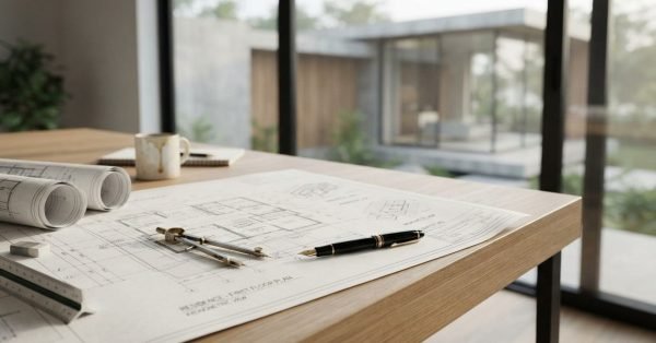 Architectural blueprints for a residential first-floor plan spread across a wooden drafting table, accompanied by a drafting compass, fountain pen, and rolled plans with a modern home exterior visible through large windows in the background.