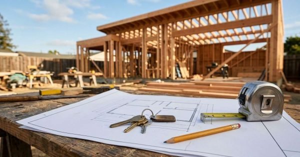 Architectural floor plan blueprints with house keys, a pencil, and a tape measure resting on a wooden sawhorse table in front of an active timber-framed ADU under construction