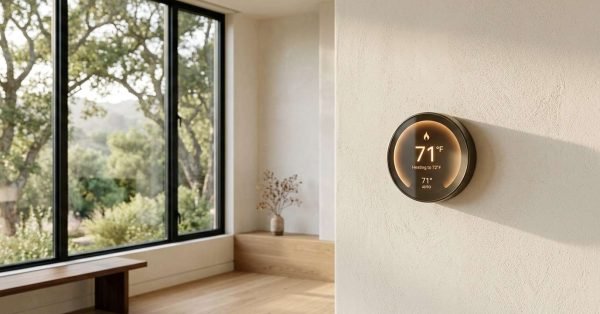 Modern round smart thermostat mounted on a textured beige wall displaying 71°F heating status in a minimalist interior with a large garden window