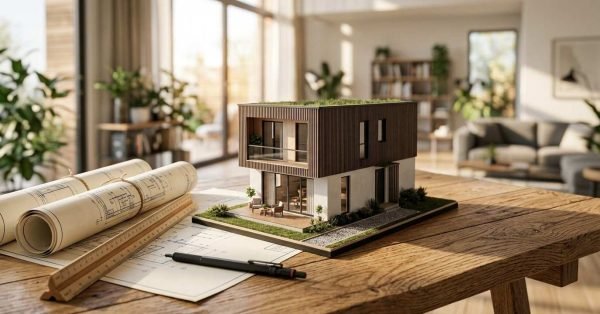 A modern two-story architectural scale model featuring vertical wood cladding and a green roof resting on blueprints alongside rolled plans and drafting tools on a sunlit wooden table