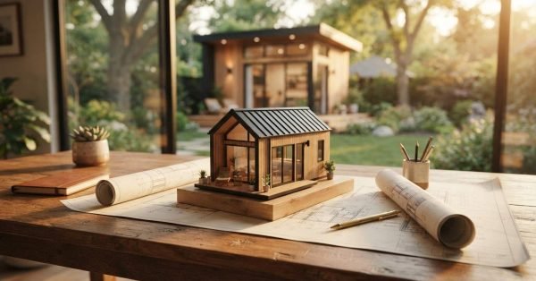 A detailed architectural scale model of a modern timber ADU tiny home resting on house blueprints on a wooden desk overlooking a backyard garden studio
