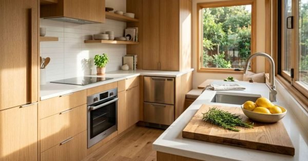 A modern Scandinavian-style kitchen with natural oak flat-panel cabinetry, white quartz countertops, stainless steel appliances, and fresh rosemary with a bowl of lemons on an island cutting board beside a sunny window