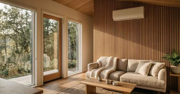 Modern living room interior featuring a wall-mounted ductless mini-split air conditioning and heating unit, vertical wood slat accent wall, comfortable sofa, and large windows overlooking wooded scenery.