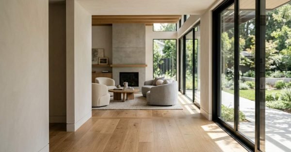 Hallway view looking into a open modern living room with light oak hardwood floors, concrete fireplace, curved armchairs, and floor-to-ceiling glass sliding doors