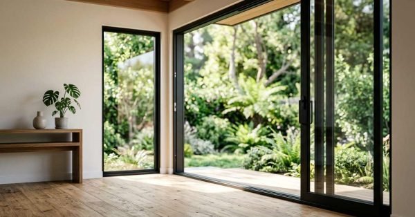 A bright modern living room with hardwood floors and black-framed sliding glass doors opening onto a sunlit wooden patio and lush green garden