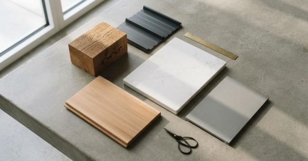 Architectural construction material flat lay featuring a rough timber block, standing seam metal roofing sample, white quartz slab, light wood plank, and grey tile on a concrete table