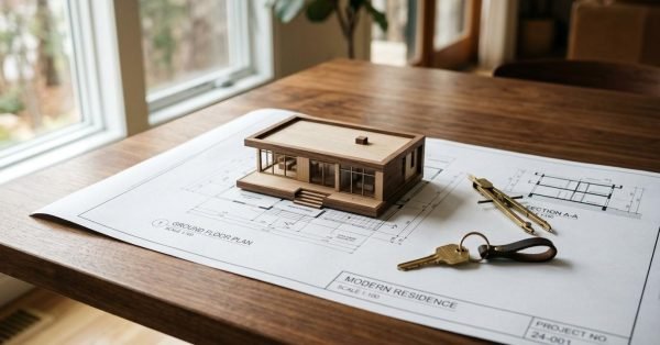 Wooden architectural scale model of a modern house sitting on printed floor plan blueprints with house keys and a drafting compass on a wooden table