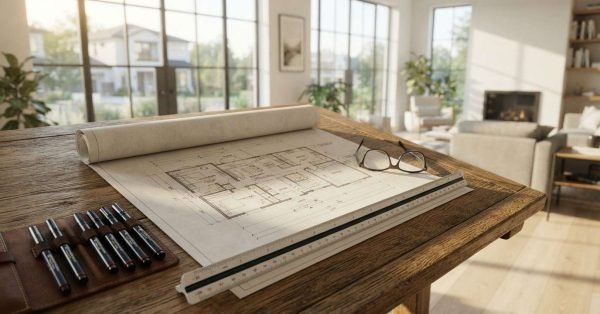 Architectural floor plan blueprints unrolled on a wooden drafting table, accompanied by a triangular scale ruler, a set of precision drafting pens in a leather case, and a pair of reading glasses, with a bright modern living room interior visible in the background.