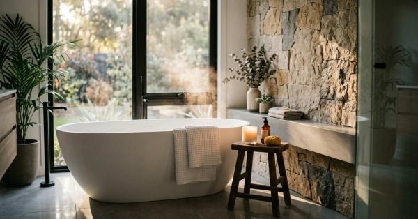 Freestanding white soaking tub in a spa-like bathroom with a natural stone feature wall and large floor-to-ceiling windows