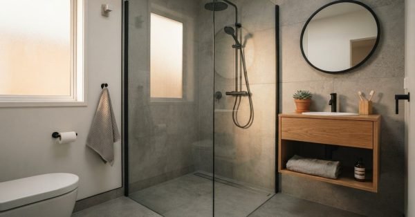 A contemporary bathroom featuring a curbless walk-in glass shower with matte black fixtures, gray large-format porcelain tile, a floating oak wood vanity, and a round black-framed mirror