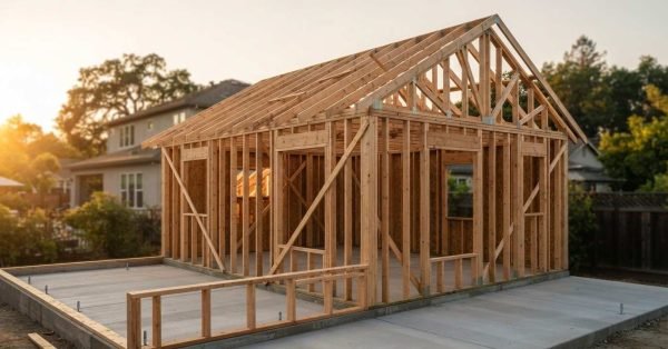 A timber house frame with roof trusses under construction on a concrete slab foundation during sunset in a residential backyard