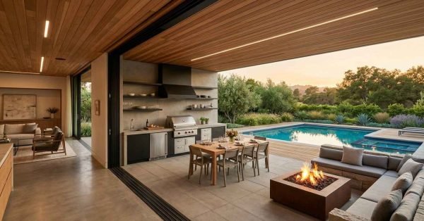Modern covered patio with an outdoor kitchen, dining table, steel fire pit, and sectional seating beside a swimming pool