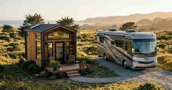 Modern wooden tiny house on wheels featuring a small front deck with potted plants, parked alongside a luxury Class A motorhome RV on a coastal gravel lot overlooking the ocean and hills at sunset.