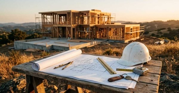 Outdoor wooden jobsite table featuring architectural blueprints, a white hard hat, a drafting compass, a scale ruler, measuring tape, and keys with a residential wood-framing construction site and hills in the background.