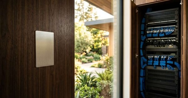 Modern smart home control panel mounted on a dark wood wall alongside an open AV network server rack cabinet