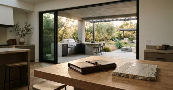 Leather-bound journal and a rough-cut stone slab resting on a wooden kitchen island with large sliding glass doors opening to a covered patio and backyard