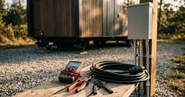 Electrician tools including a digital multimeter, wire strippers, pliers, and a heavy-duty power cord resting on a wooden bench next to an outdoor electrical panel and a tiny home on a gravel pad.