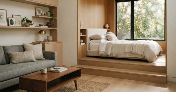 A modern studio apartment interior featuring an elevated wooden platform bed nook with integrated shelving and a window next to an open living area with a gray sofa and mid-century coffee table