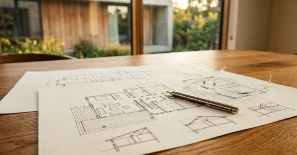 Architectural house floor plans with section sketches, a stainless steel pen, and rimless eyeglasses resting on an oak table by a window