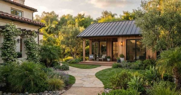 A modern detached backyard ADU guest cottage featuring natural vertical wood siding, a dark standing seam metal roof, and a covered porch connected by a flagstone walkway through a lush landscaped garden