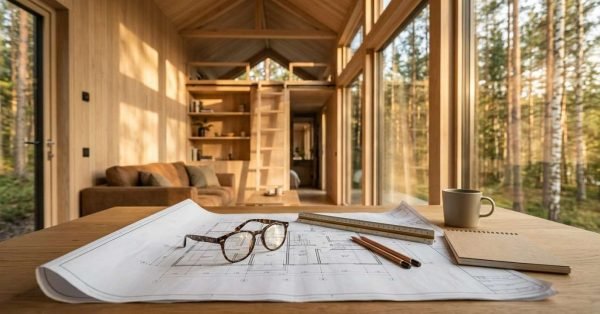 Architectural building plans, glasses, a scale ruler, pencils, and a notebook on a wooden desk inside a modern wooden tiny home with large windows overlooking a forest.
