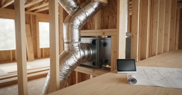 Flexible silver metallic HVAC ductwork connected to an air handler unit inside wood wall framing, with architectural blueprints and a tablet on a workbench during home construction.