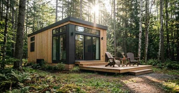 Modern park model RV tiny home nestled in a lush green forest with a wooden front deck, outdoor chairs, and large glass windows filtering sunlight.