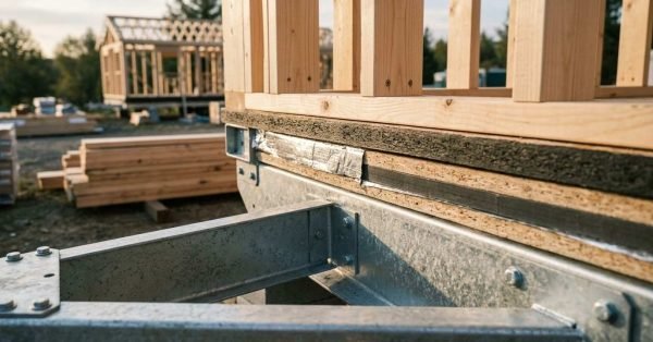 Close-up of galvanized steel chassis framing, subfloor layers, and vertical timber stud walls under construction for a park model RV or tiny home.