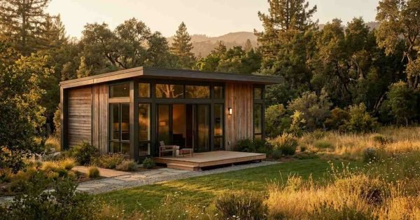 Modern wood siding tiny home and park model cabin with large glass windows, sliding doors, and a small wooden front deck, situated in a lush green natural landscape surrounded by mature trees at sunset.