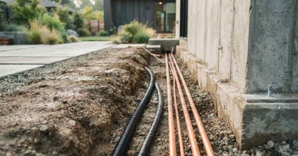 Copper water service lines and black flexible corrugated conduit laid along an excavated dirt trench beside a poured concrete building foundation wall