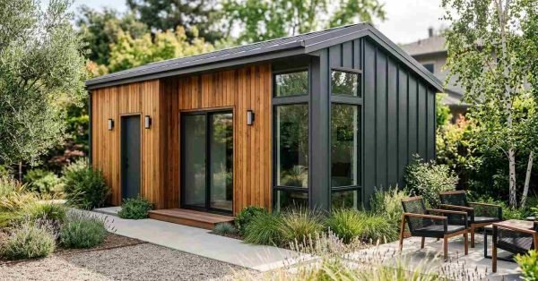 A modern prefab backyard ADU featuring vertical natural cedar wood siding, matte charcoal standing seam metal cladding, corner picture windows, and a landscaped patio with outdoor seating