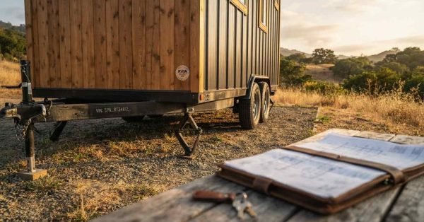 Low-angle shot of an RVIA-certified modern tiny house on a dual-axle trailer parked on a gravel pad in rolling hills at golden hour, with an open leather-bound blueprint plan and brass keys on a wooden picnic table in the foreground