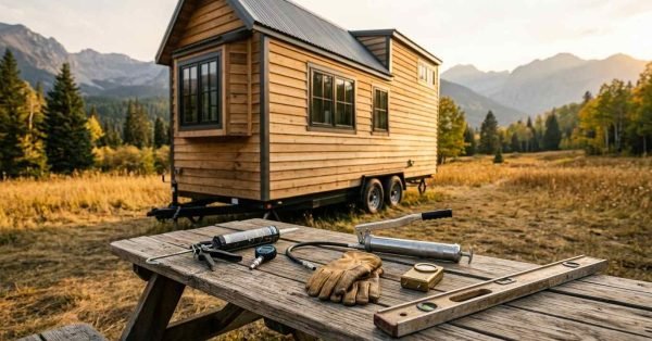 Maintenance tools including a grease gun, caulking gun, level, and work gloves laid out on a wooden picnic table with a tiny house on wheels and mountain landscape in the background.