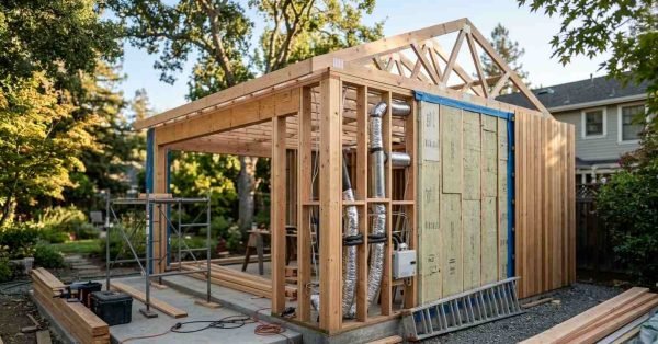 A modern detached ADU structure under construction in a backyard, showing wall cutaways with vertical wood cladding, exterior mineral wool insulation boards, weather barrier, HVAC ductwork rough-in, and timber framing on a concrete pad