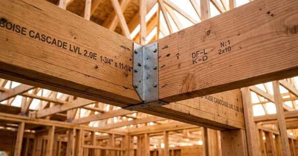 Structural wood framing detail showing a 2x10 joist connected to a Boise Cascade LVL beam using a metal Simpson Strong-Tie joist hanger