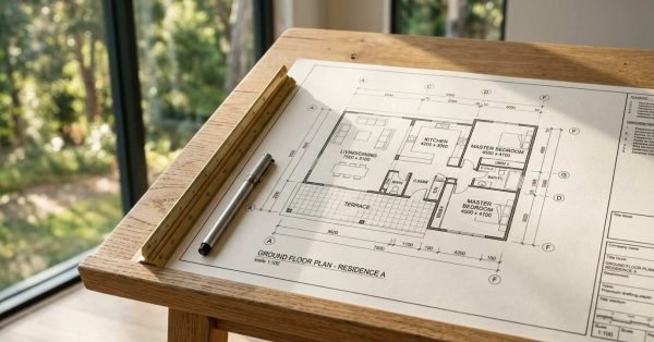 Architectural ground floor plan blueprint labeled "RESIDENCE A" on a wooden drafting table with a brass scale ruler and silver pen near a sunny window
