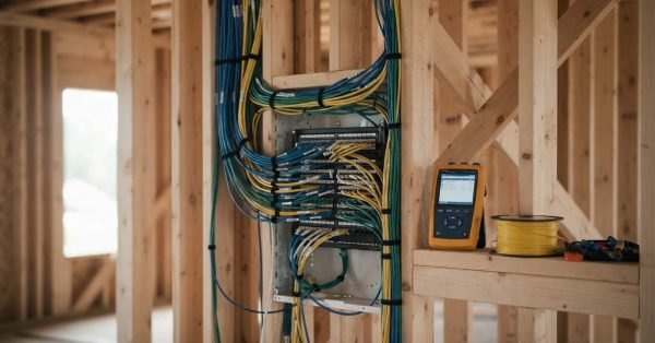 Bundles of blue and yellow network and low-voltage cables neatly organized and terminated in a wall-mounted patch panel attached to wooden framing studs during building construction.