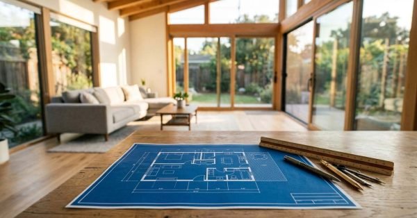 A blue architectural house floor plan blueprint on a wooden table with drafting pens, a compass, and a triangular scale ruler overlooking a bright modern living room with floor-to-ceiling glass doors