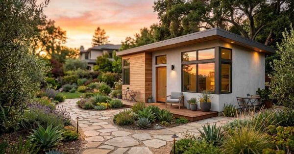 A modern detached backyard ADU with stucco and cedar wood siding, corner picture windows, a wooden patio deck, and a flagstone pathway surrounded by drought-tolerant landscaping at sunset