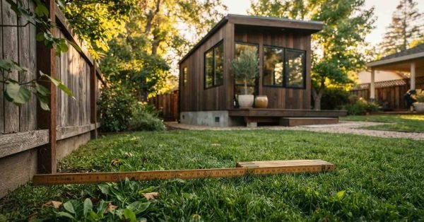 A vintage folding wooden ruler lying on a green lawn measuring setback distance between a wooden fence and a modern backyard studio shed