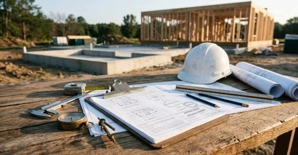 Outdoor wooden jobsite table featuring approved building permit blueprints on a clipboard, a white hard hat, rolled architectural plans, measuring tape, calipers, a compass, and a scale ruler with a residential wood-framing construction site in the background.