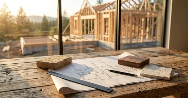 Rustic wooden work table displaying an architectural floor plan, a dark scale ruler, a pencil, and stone and wood material samples with a house wood-framing construction site visible through the window.